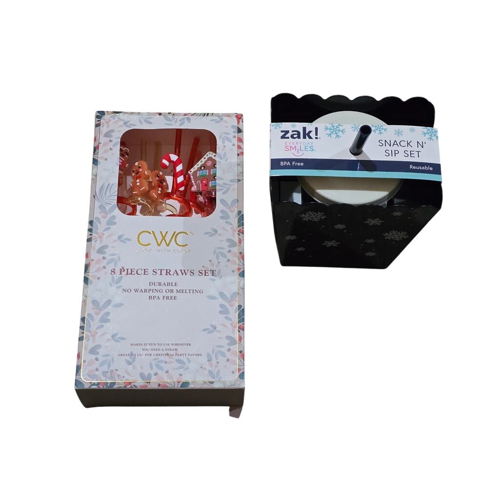 Christmas lot of 8 piece straws and zak! Snowflake popcorn and cup NWT